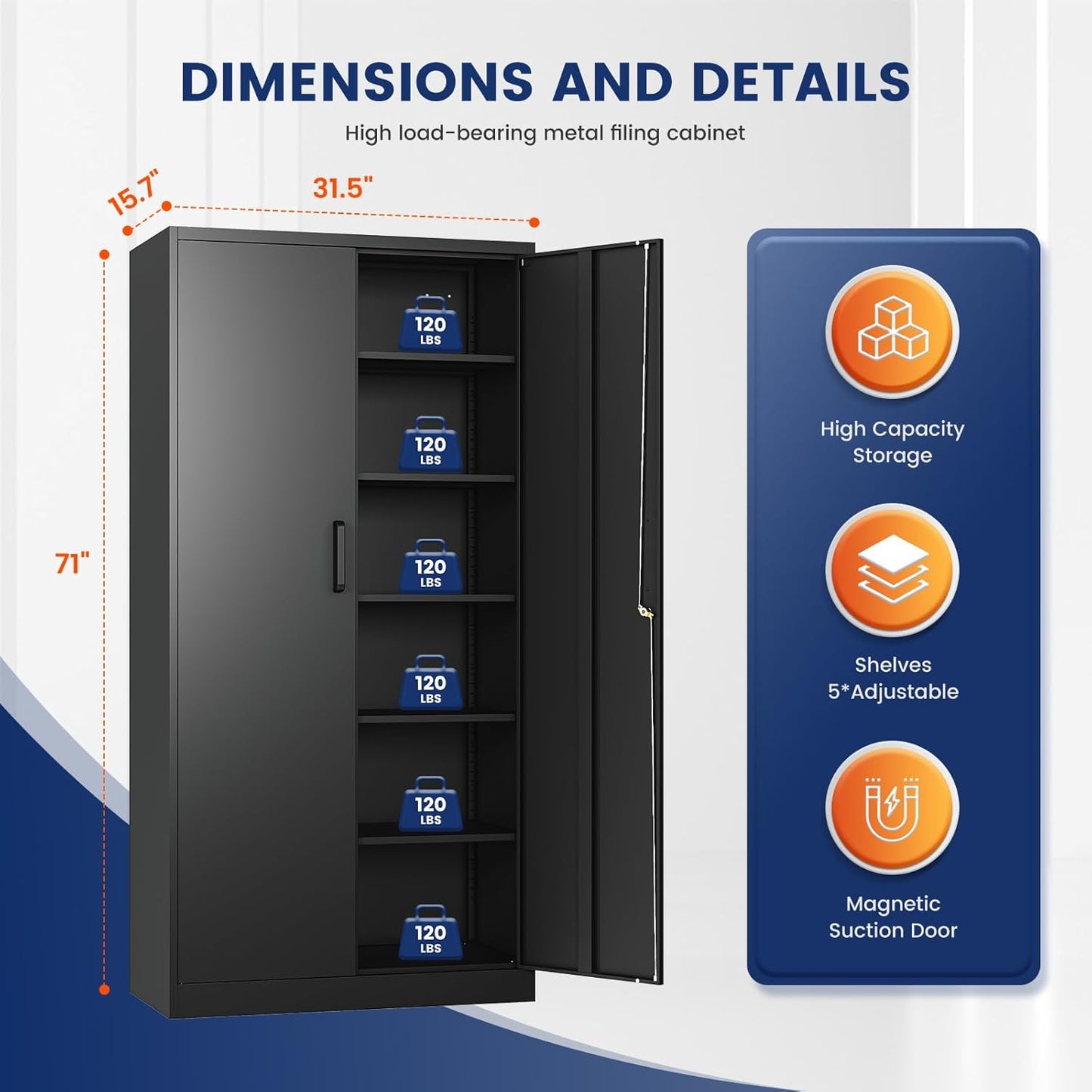 Metal Garage Storage Cabinet with 2 Doors and 5 Adjustable Shelves - 71" Steel Lockable File Cabinet,Locking Tool Cabinets for Office,Home,Garage,Gym,School (Black)