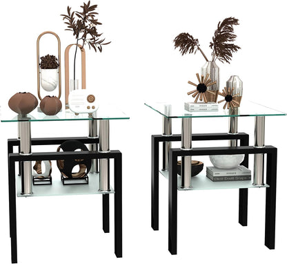Living Room Tables Set,3 Piece Glass Coffee Table and End Tables Set for Living Room, Coffee Table Set with Tempered Glass Tabletop and Metal Frame for Apartment, Small Space, Black