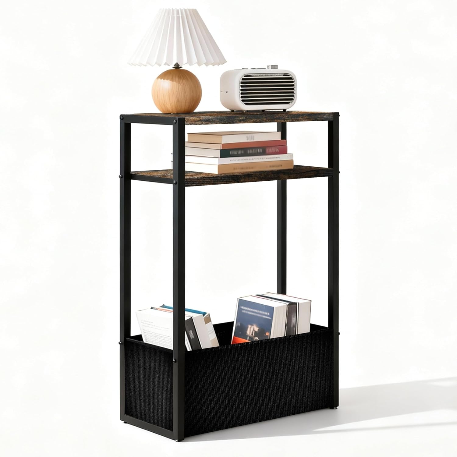 Narrow Side Table 15.7" - Slim Bedside Table with Storage Shelf & Basket, Space-Saving End Table for Studio/Dorm/Apartment, Modern Design Easy Assembly