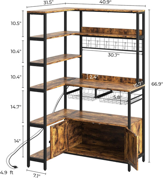 Corner Bakers Rack with Power Outlet, Coffee Bar 6 Tier with Storage Cabinet, Vintage Industrial Microwave Stand with 6 Hooks, Kitchen Shelves with Wire Basket, Rustic Brown