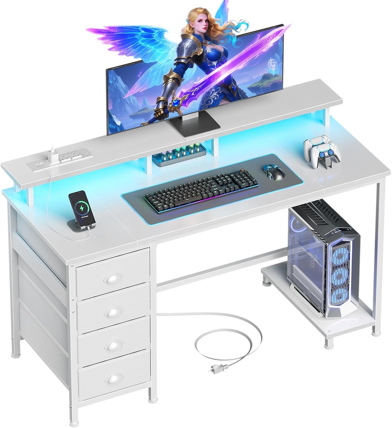 47" White Computer Desk with 4 Fabric Drawers & Monitor Stand, Gaming Desk with Power Outlets - LED Lights, Home Office Space-Saving Study Table for Bedroom Small Spaces