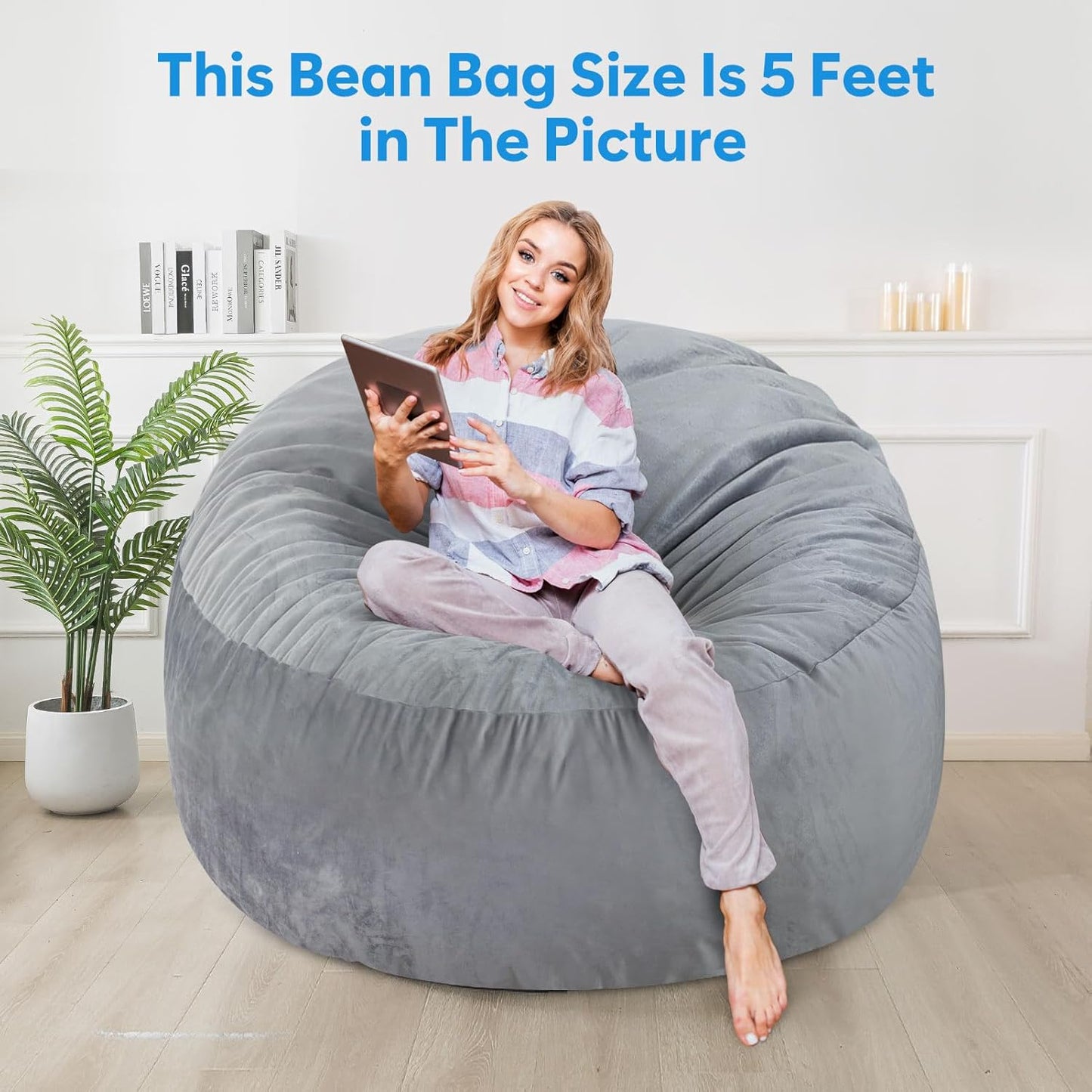 3 Ft Large Bean Bag Chairs for Adults/Teens with Memory Foam Filling, Comfy Bean Bag Sofa with Filler Included, Soft Dutch Velvet Fabric Beanbags,3 Foot, Grey