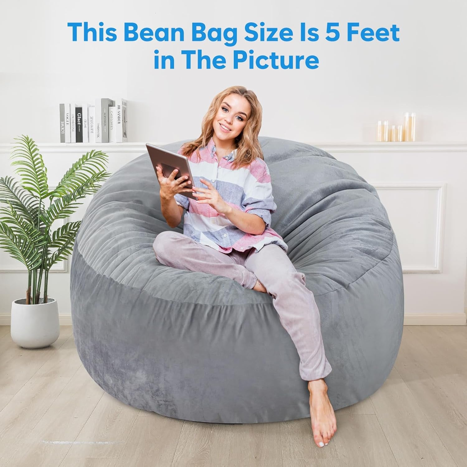 3 Ft Large Bean Bag Chairs for Adults/Teens with Memory Foam Filling, Comfy Bean Bag Sofa with Filler Included, Soft Dutch Velvet Fabric Beanbags,3 Foot, Grey