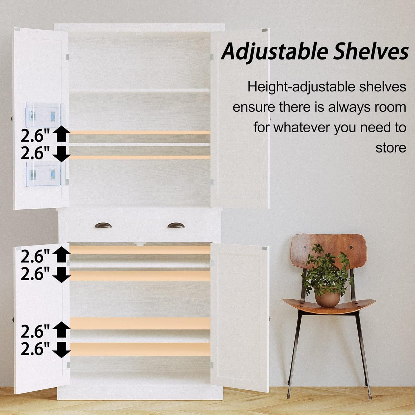 Kitchen Pantry Storage Cabinet 72.6" H, with Barn Doors, Drawer, 4 Adjustable Shelves, Freestanding Cupboard, Laundry, White