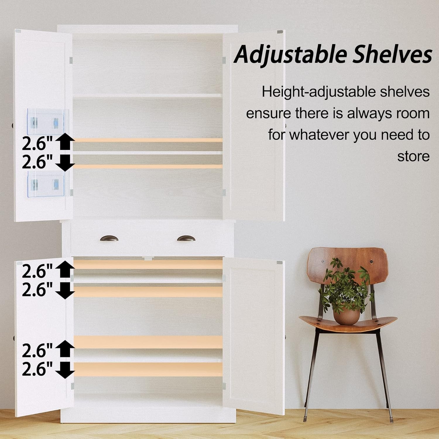 Kitchen Pantry Storage Cabinet 72.6" H, with Barn Doors, Drawer, 4 Adjustable Shelves, Freestanding Cupboard, Laundry, White