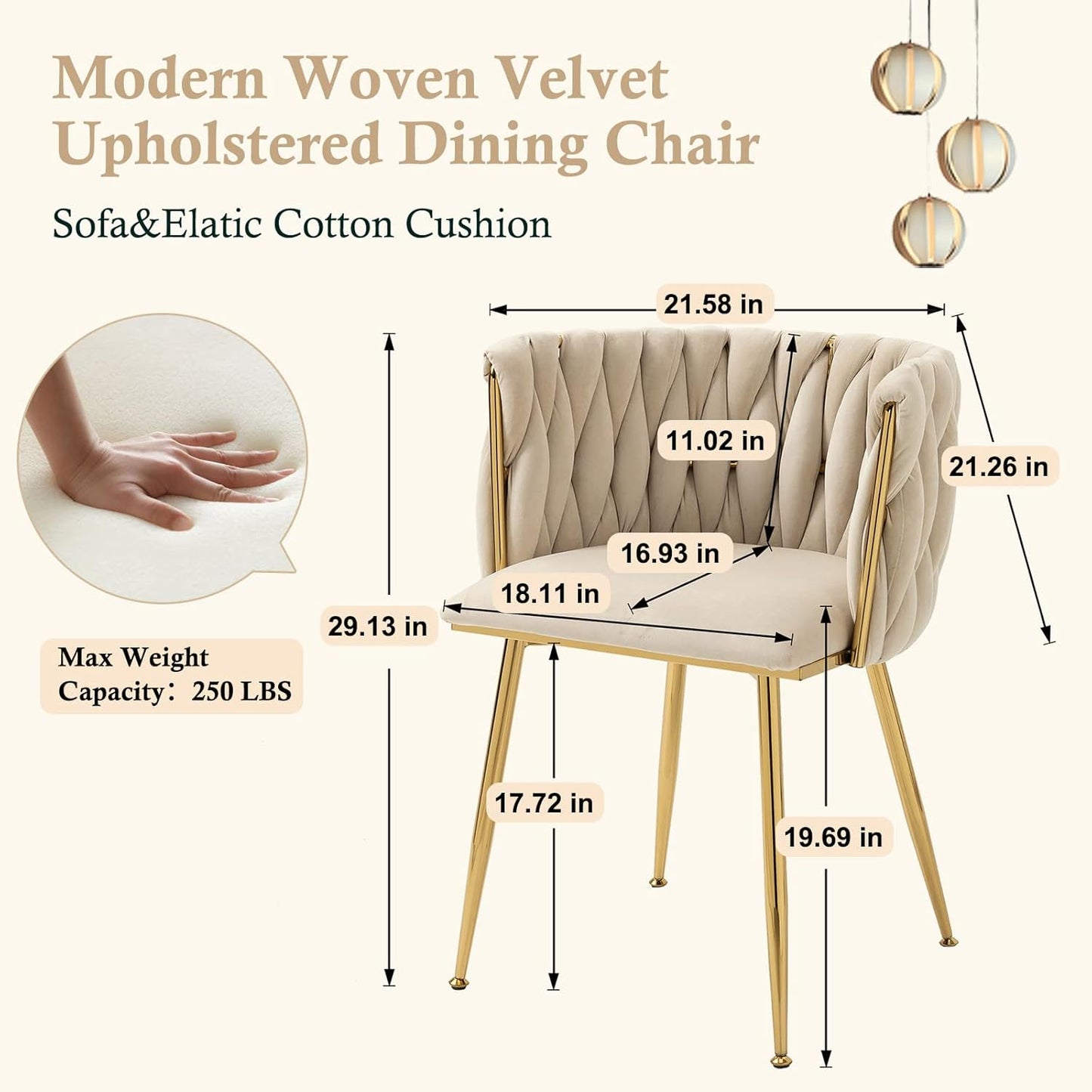Modern Velvet Dining Chairs Hand Weaving Accent Chairs Living Room Chairs Upholstered Side Chair with Golden Metal Legs for Dining Room Kitchen Vanity Living Room (Ivory)