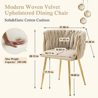 Modern Velvet Dining Chairs Hand Weaving Accent Chairs Living Room Chairs Upholstered Side Chair with Golden Metal Legs for Dining Room Kitchen Vanity Living Room (Ivory)