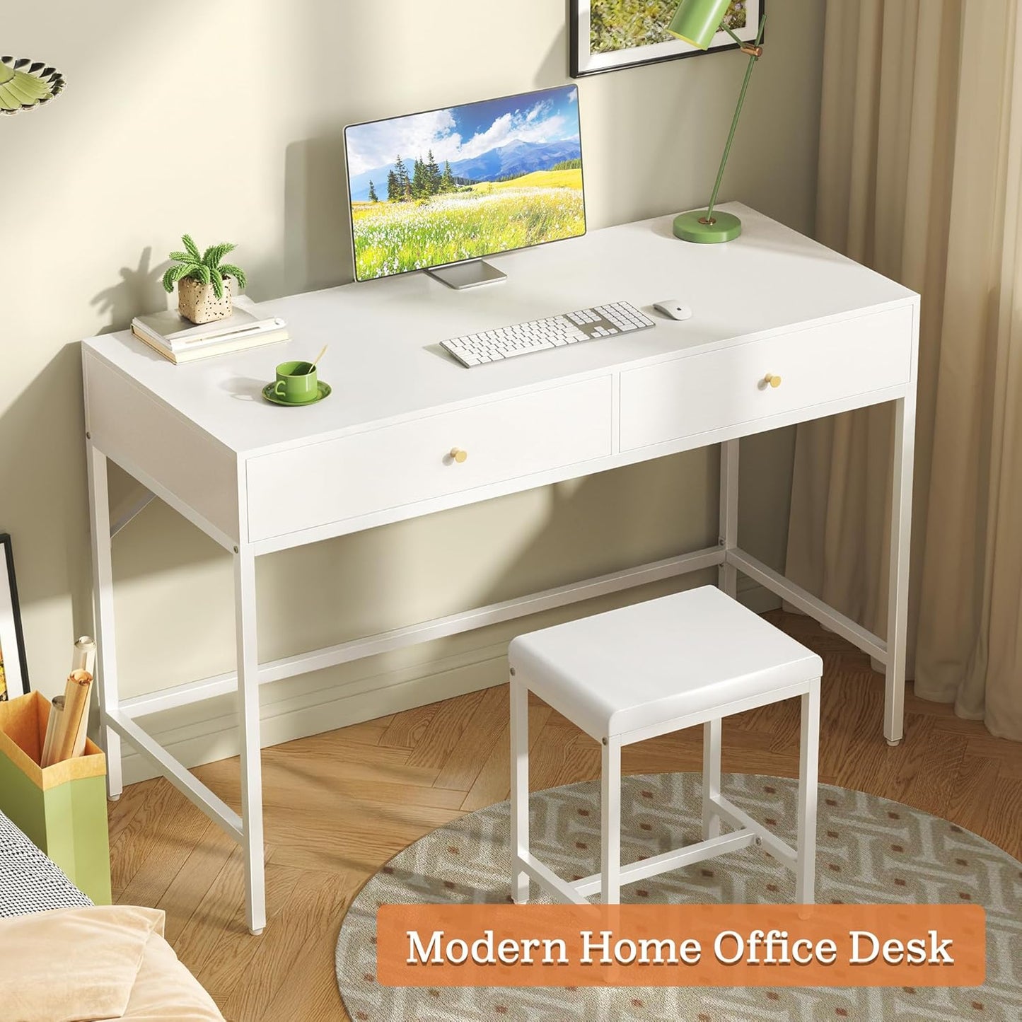 43-Inch White Desk with 2 Drawers and Padded Stool, Modern Makeup Vanity & Computer Desk with Storage for Home Office, Bedroom Study