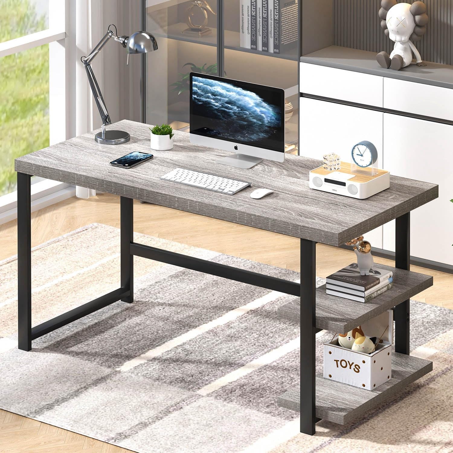47 Inch Home Office Desk, Modern Computer Desk with Storage Shelves, Small Study Writing Gaming Table Workstation for Living Room Bedroom, Industrial Light Grey