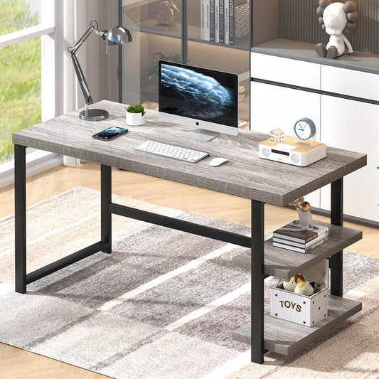 47 Inch Home Office Desk, Modern Computer Desk with Storage Shelves, Small Study Writing Gaming Table Workstation for Living Room Bedroom, Industrial Light Grey