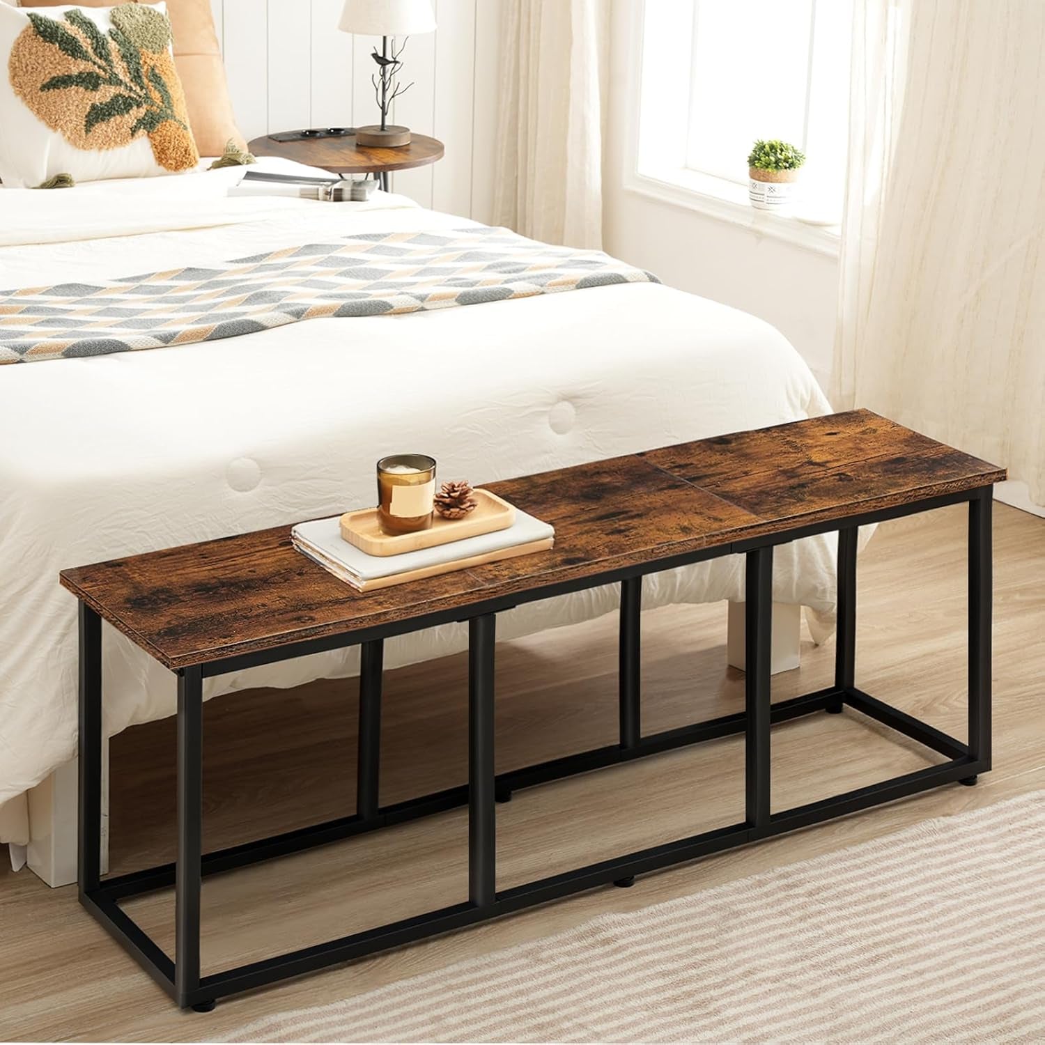 Dining Bench, 47.2 Inch Dining Table Bench, Industrial Style Kitchen Bench, Steel Frame, Easy to Assemble, for Kitchen, Dining Room, Rustic Brown and Black BF45CD01