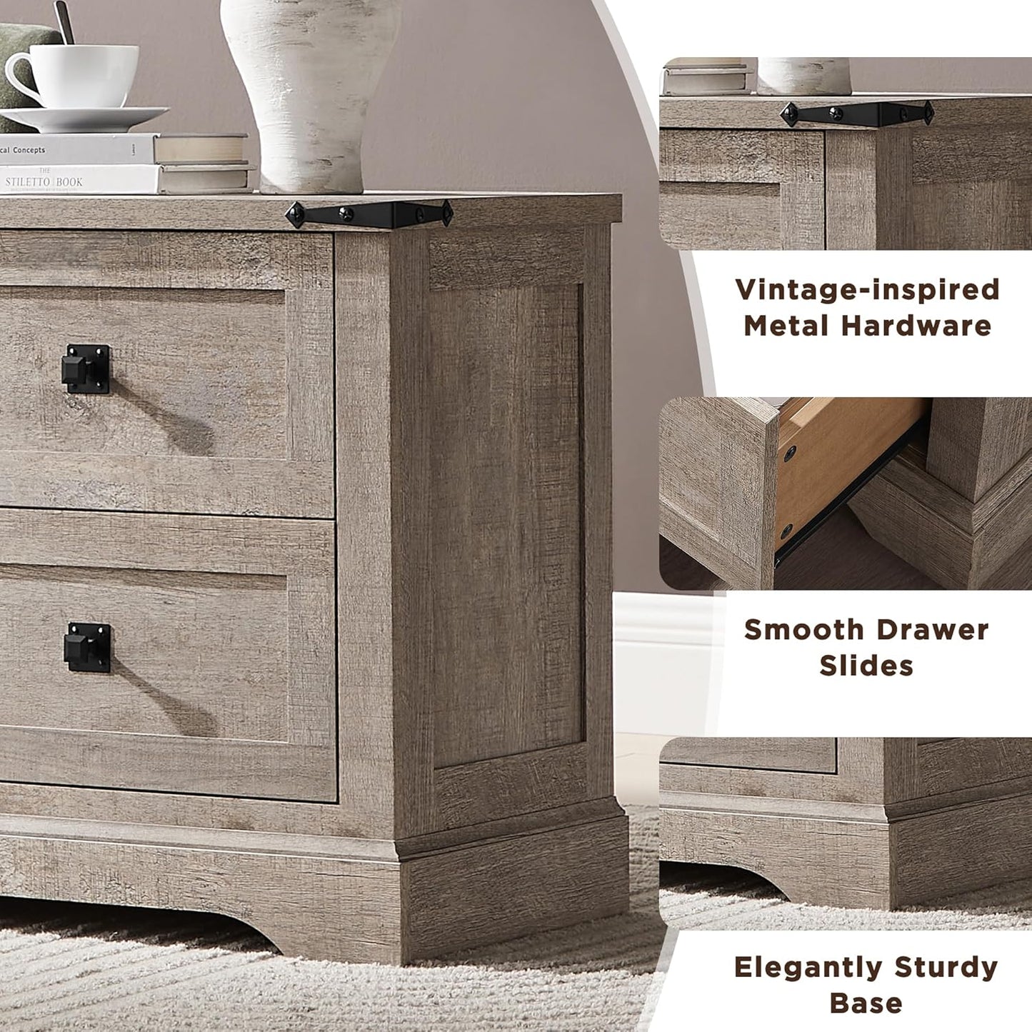 24" Farmhouse Nightstand with Charging Station Set of 2, Large End Table with 2 Storage Drawers, Rustic Wood Sofa Bedside Table for Bedroom, Light Rustic Oak