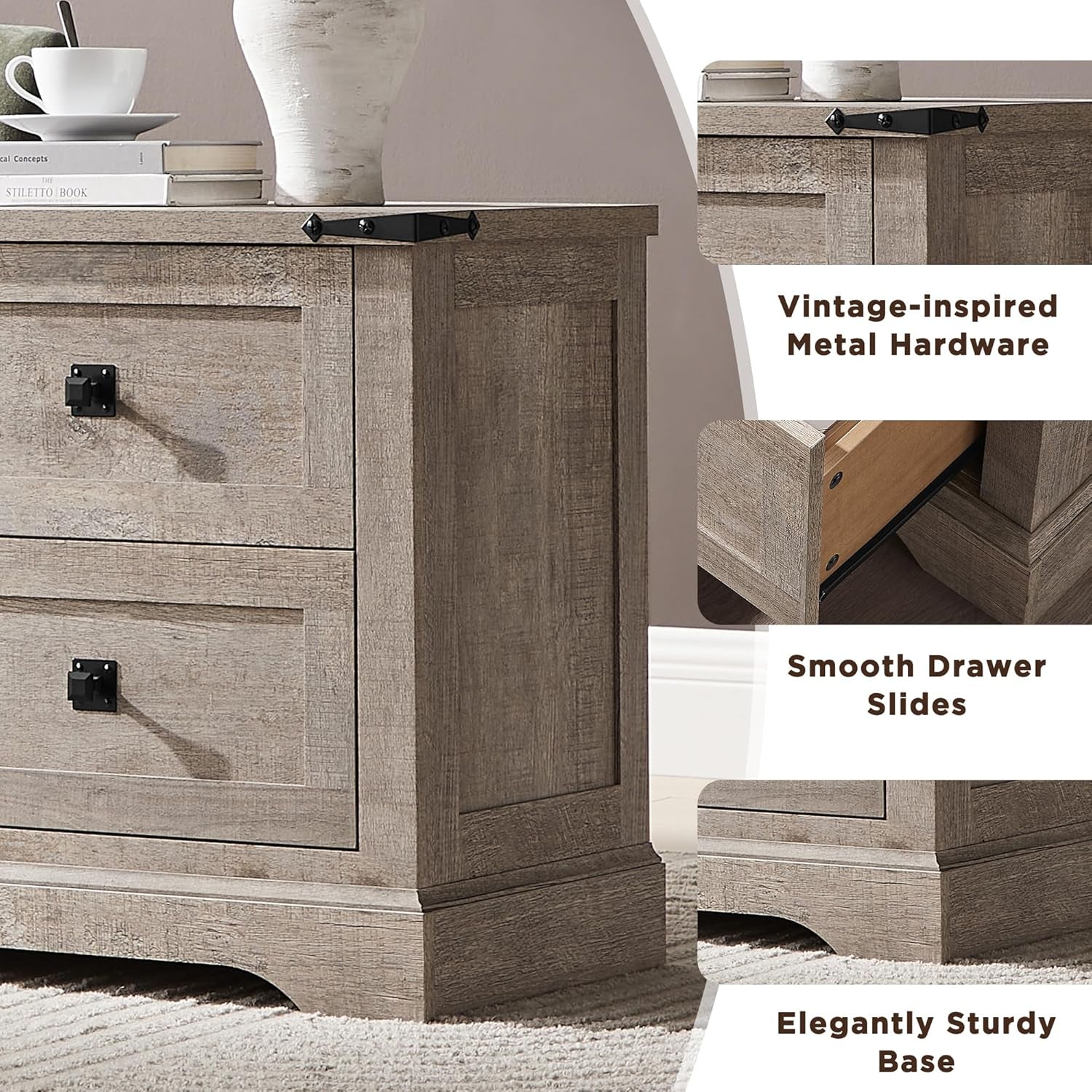 24" Farmhouse Nightstand with Charging Station Set of 2, Large End Table with 2 Storage Drawers, Rustic Wood Sofa Bedside Table for Bedroom, Light Rustic Oak