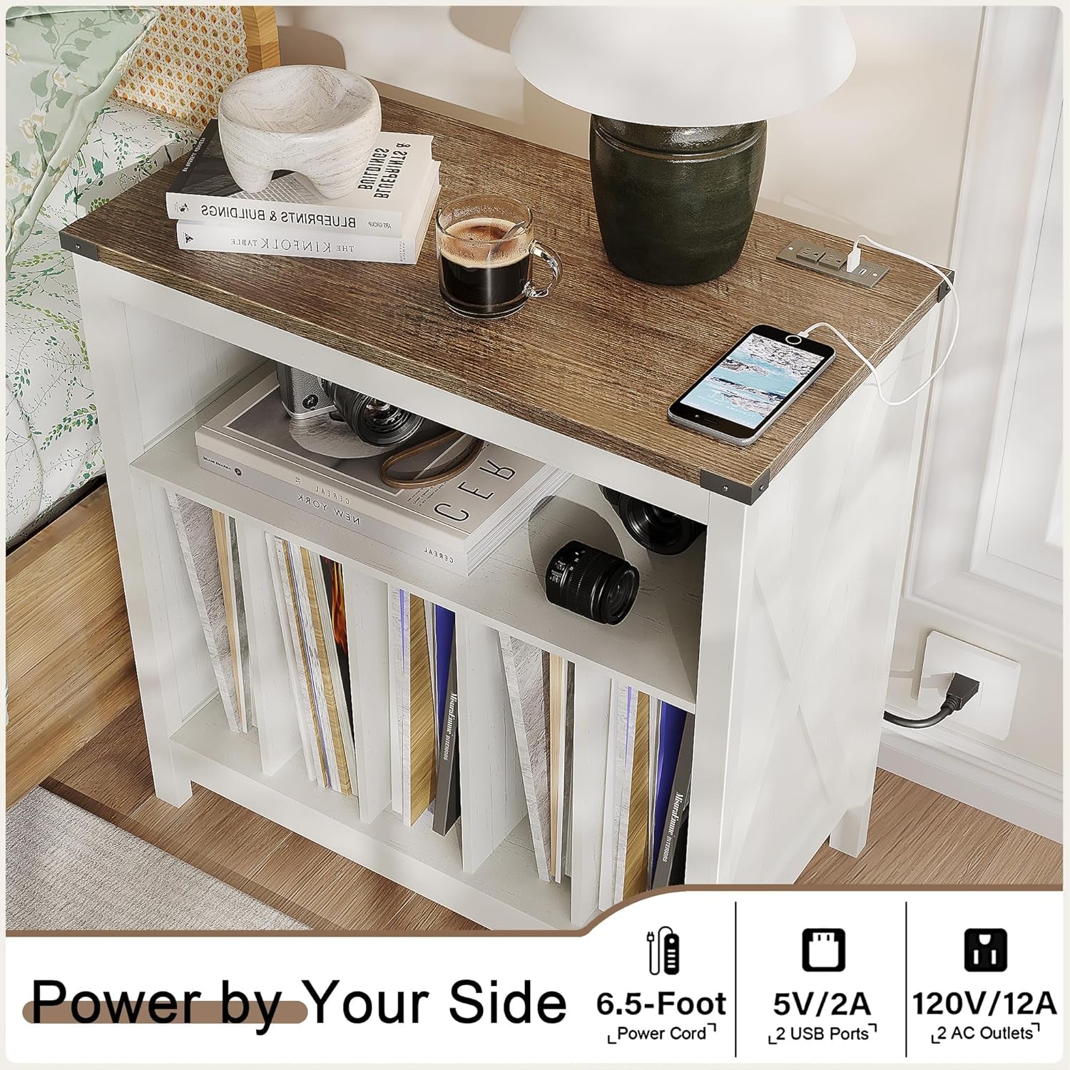 Large Record Player Stand with Charging Station & LED Light, Vinyl Record Holder Hold up to 300 Albums, Farmhouse End Table for Bedroom, Living Room, Antique White
