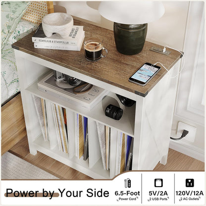 Large Record Player Stand with Charging Station & LED Light, Vinyl Record Holder Hold up to 300 Albums, Farmhouse End Table for Bedroom, Living Room, Antique White