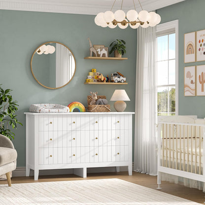 White Dresser, Chest of Drawers, Modern 6 Drawer Double Dressers with Deep Drawers, Nursery Dresser for Baby, Wide Storage Organizer Cabinet for Living Room, Hallway,White