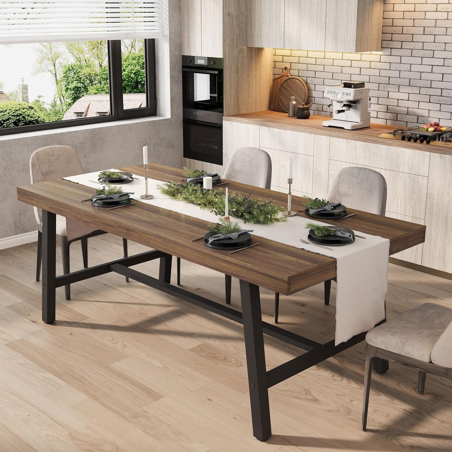 Industrial Dining Table for 6-8 People, 70.87" Long Large Kitchen Table with Sturdy Metal Frame, Rectangular Counter for Dinner, Kitchen, Dining Room (Brown, 71" Non-Extendable)