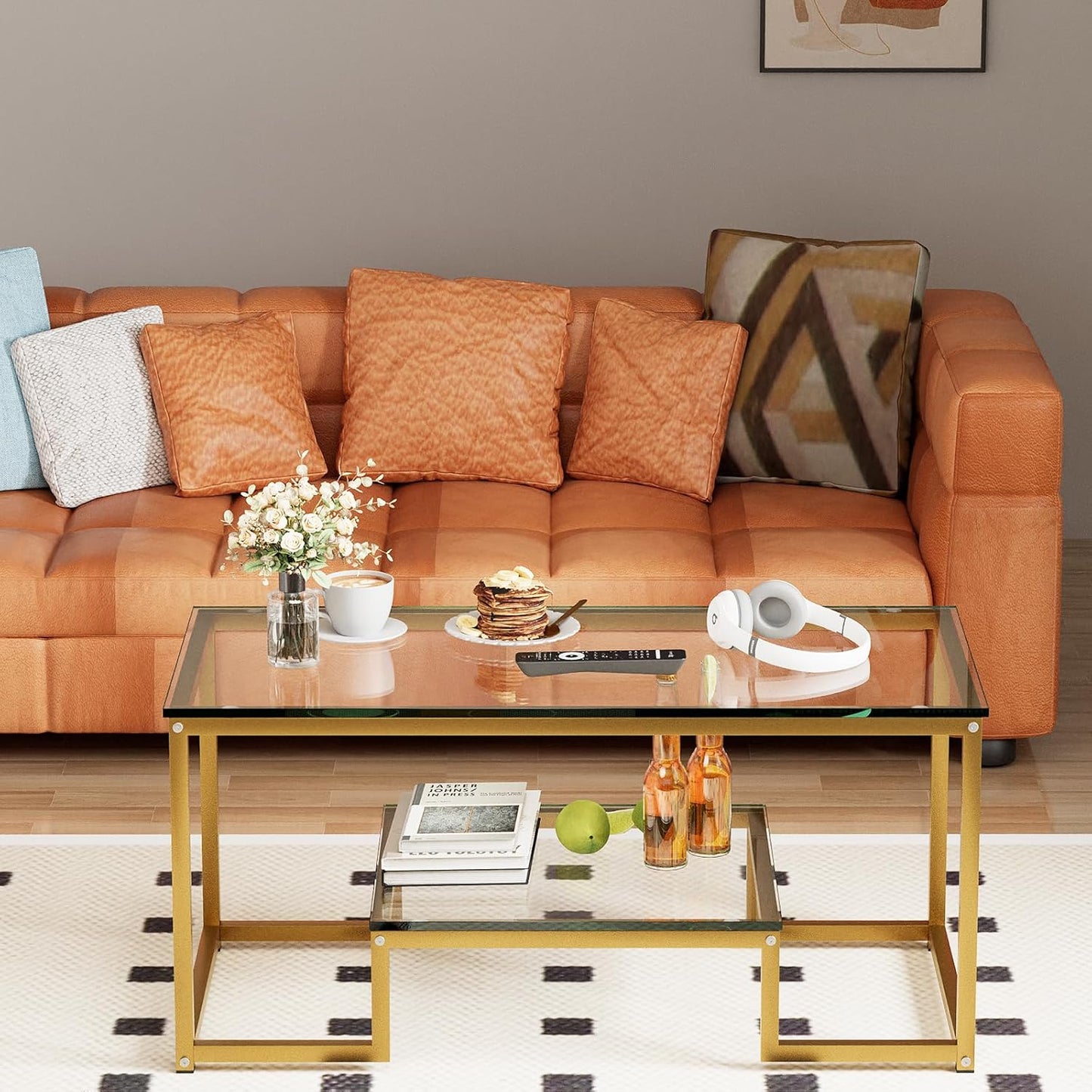 Coffee Table Gold Glass Coffee Table for Living Room,2 Tiers Rectangle Center Table with Sturdy Metal Frame,Modern Tempered Glass Accent Table for Bedroom Home Office