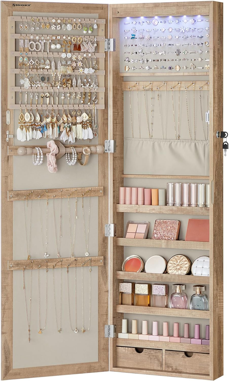 6 Leds Mirror Jewelry Cabinet, 47.2-Inch Tall Lockable Wall or Door Mounted Jewelry Armoire Organizer with Mirror, 2 Drawers, 3.9 X 14.6 X 47.2 Inches, White UJJC93W