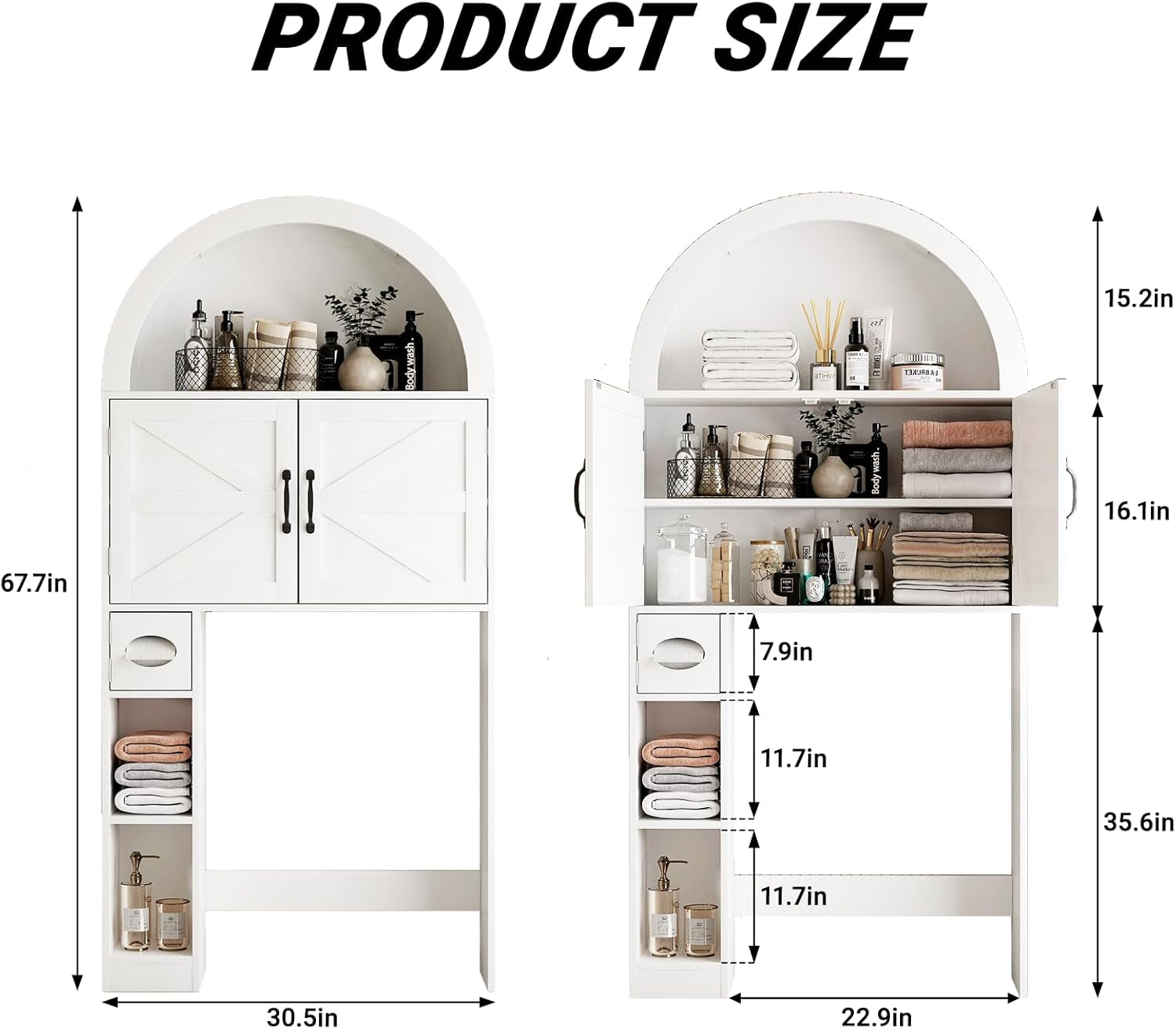 Over the Toilet Storage Cabinet, Farmhouse Bathroom Organizers and Storage with 2 Barn Door & Toilet Paper Holder Stand，Home Space-Saving Toilet Rack, for Bathroom, Restroom and Laundry, White