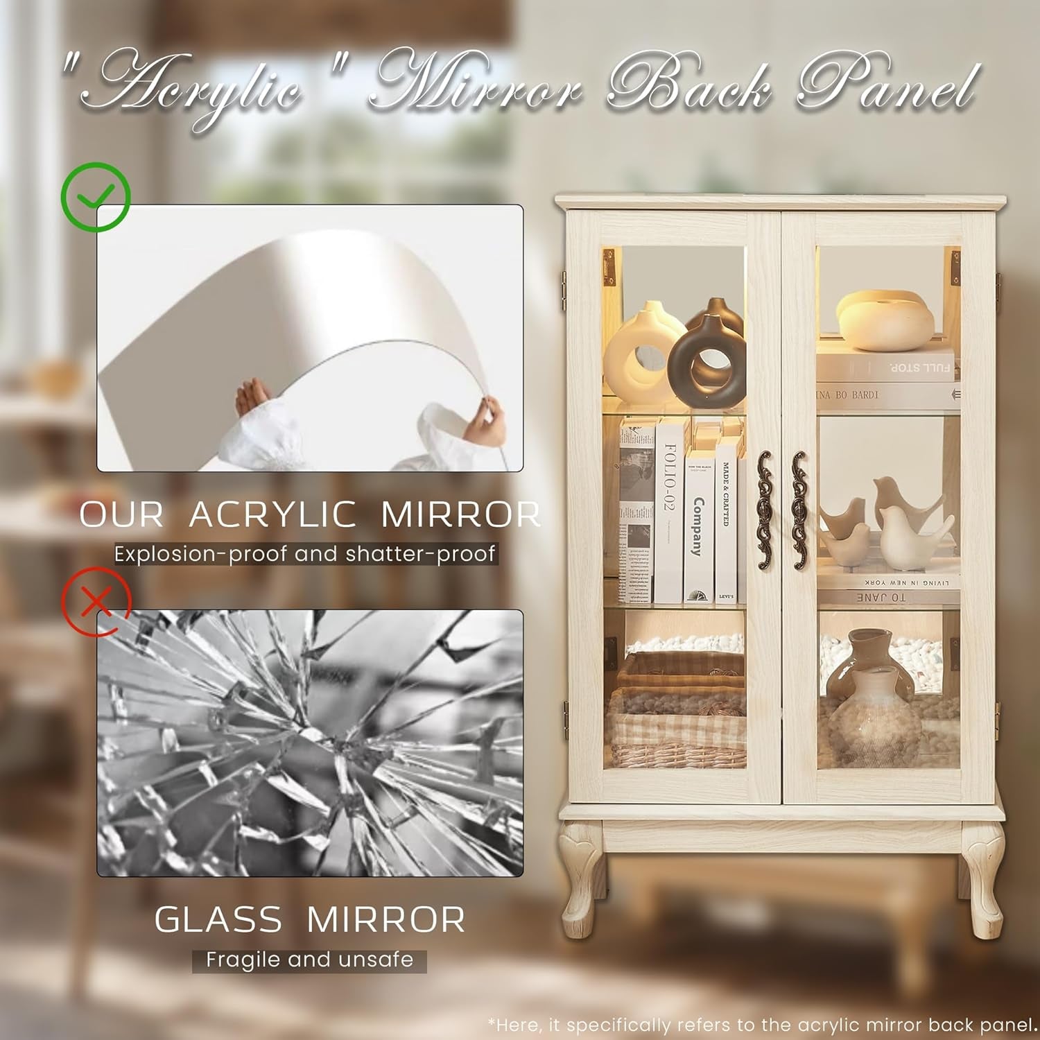 Lighted Curio Cabinet, 44" H Glass Display Case with Adjustable Glass Shelves, Vintage China Cabinet with Mirrored Back Panel & 3-Tier Shelves, Blub Included, Rack for Living Room (Antique White)