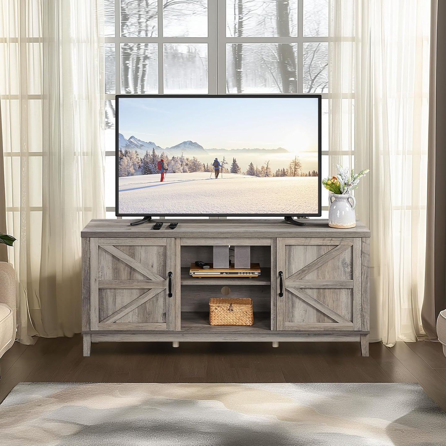 TV Stand for 65 Inch TV, Farmhouse TV Console Table for Living Room, Tall Entertainment Center with Double Barn Doors for Bedroom, Gray