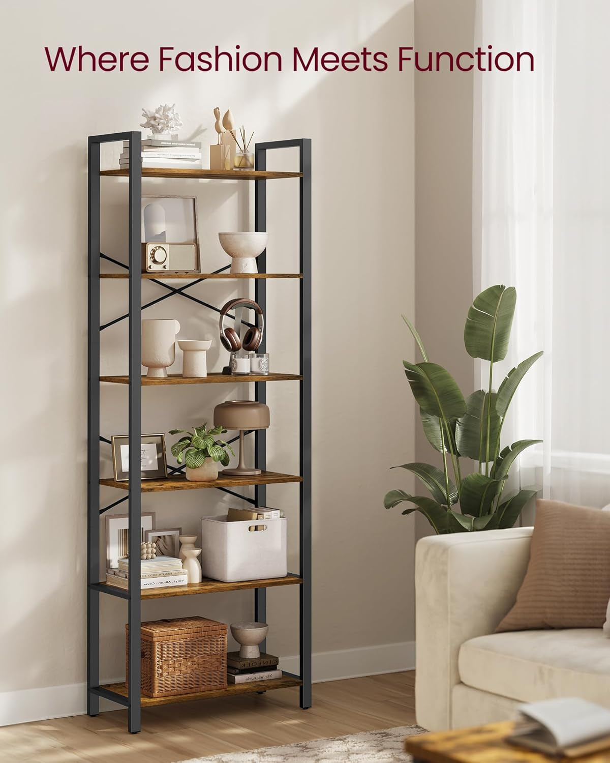 4-Tier Bookshelf, Bookcase with Steel Frame, Book Shelf for Living Room, Home Office, Study, 11.8 X 26 X 47 Inches, Industrial Style, Rustic Brown and Ink Black ULLS60BX