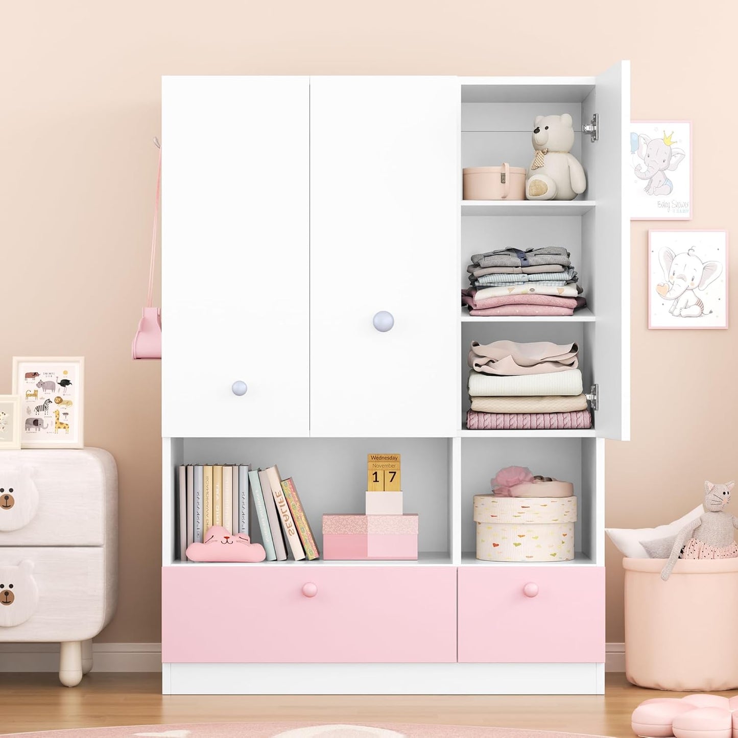 White Armoire Wardrobe Closet with Adjustable Storage Shelves and Drawers, Freestanding Wooden Wardrobe Cabinet Closet, Kids Bedroom Armoire with 3 Doors, Hanging Rod, Toy Storage for Kids' Room, Dorm