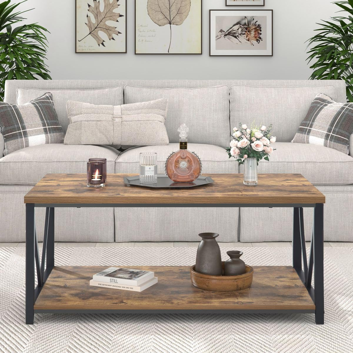 Modern Coffee Table, Industrial Metal and Wood Living Room Table with Storage Shelf, Rustic Brown