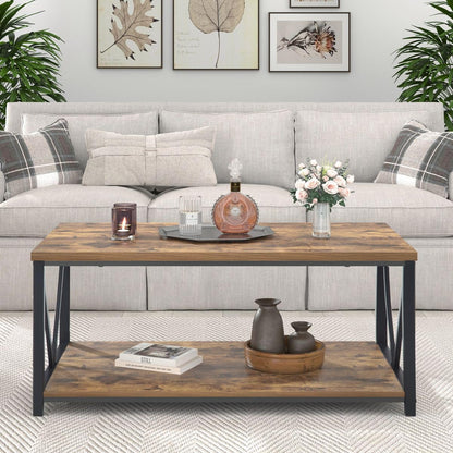 Modern Coffee Table, Industrial Metal and Wood Living Room Table with Storage Shelf, Rustic Brown