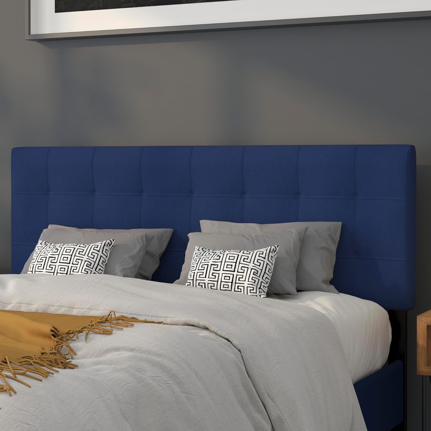 Bedford Box Stitch Tufted Upholstered Queen Size Headboard in Navy Fabric