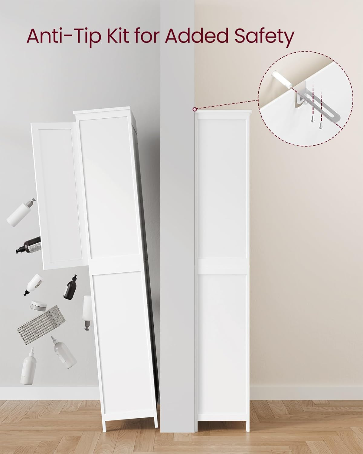 Tall Corner Cabinet, Bathroom Storage Cabinet with 2 Doors and 4 Adjustable Shelves, for Bathroom, Kitchen, Living Room, Modern Farmhouse Design, White UBBC541P31