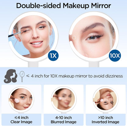 Magnifying Mirror with Light, Makeup Mirror with Lights and Adjustable Brightness, Hanging and Handheld Mirror with Handle, Travel Portable Lighted Makeup Mirror, 360°Rotation, Memory Function 1X/10X
