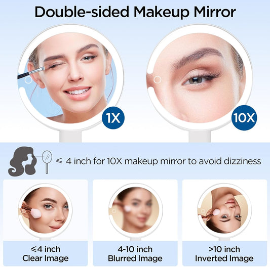 Magnifying Mirror with Light, Makeup Mirror with Lights and Adjustable Brightness, Hanging and Handheld Mirror with Handle, Travel Portable Lighted Makeup Mirror, 360°Rotation, Memory Function 1X/10X