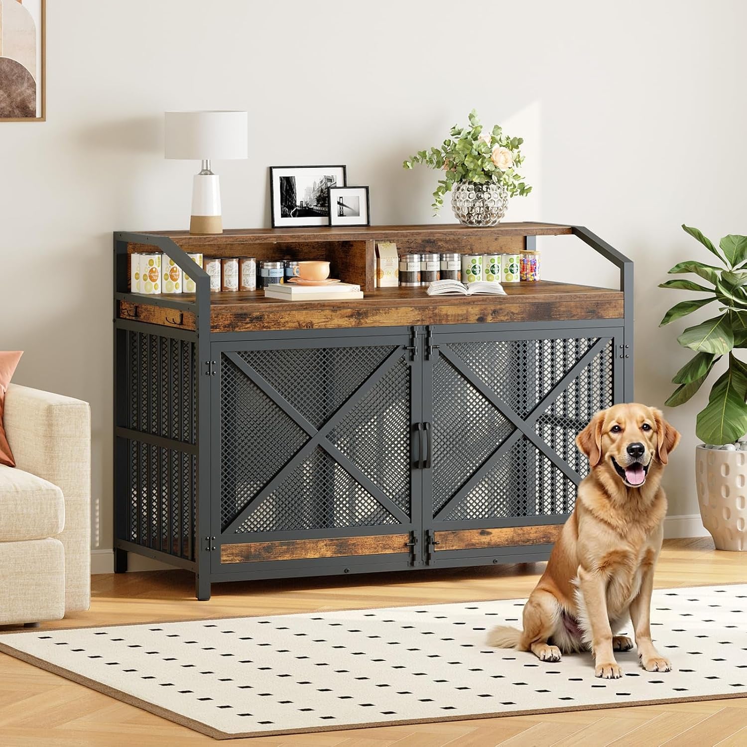 43.3" Dog Crate Furniture, Heavy Duty Dog Kennel Indoor with Storage Shelves, Wooden Dog Cage with LED Lights, for XL Large Dogs Breed, Rustic Brown and Black BF89DGW03