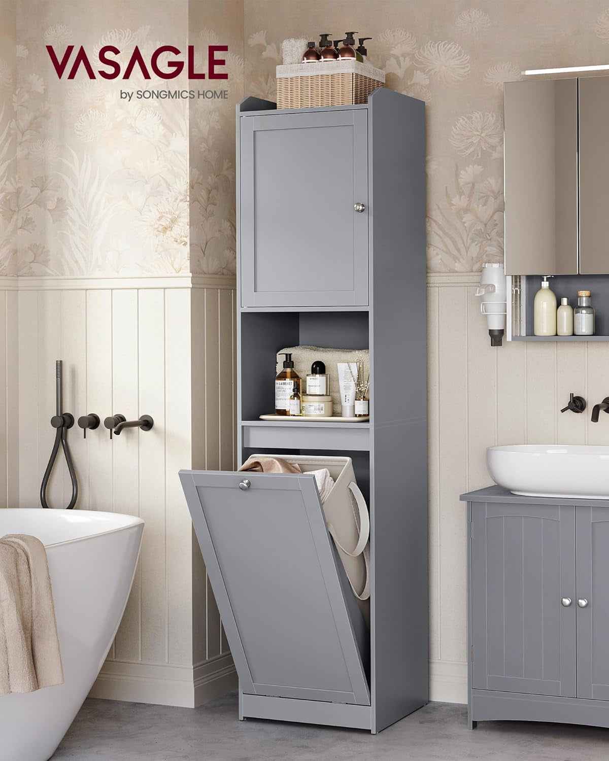 Tall Bathroom Cabinet with Laundry Basket, Removable Laundry Basket with Handles, Compartment with Door, Linen Tower, 15.8 X 15.8 X 66.9 Inches, Dove Gray UBBC761G02