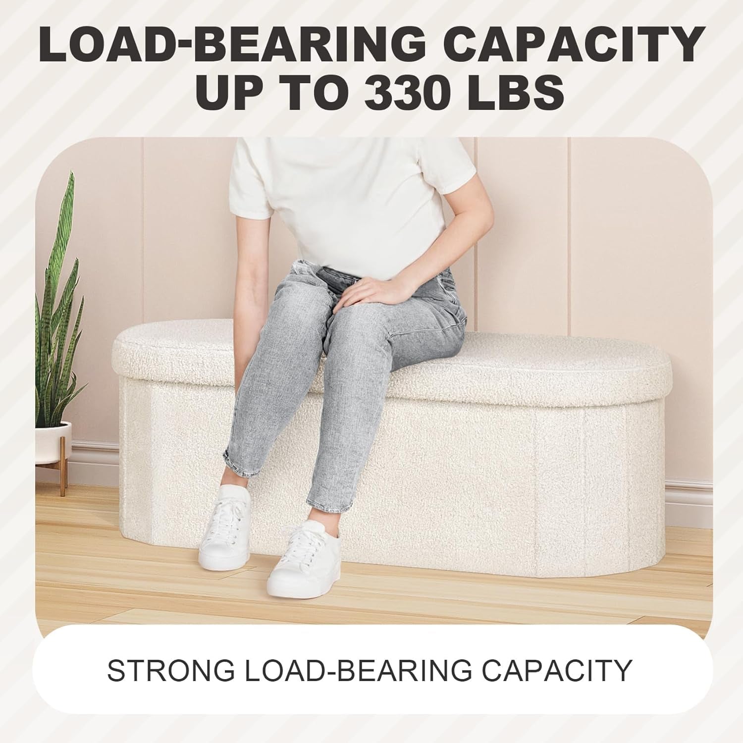 Storage Ottoman Bench Tufted Oval Ottomans Bench Foot Rest, Chest Box Velvet Bench with Storage, 43"X15"X15" (White)