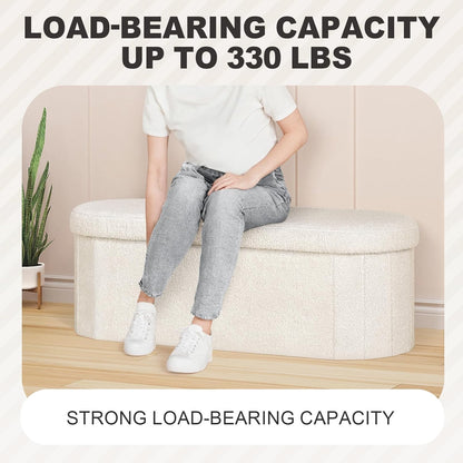 Storage Ottoman Bench Tufted Oval Ottomans Bench Foot Rest, Chest Box Velvet Bench with Storage, 43"X15"X15" (White)