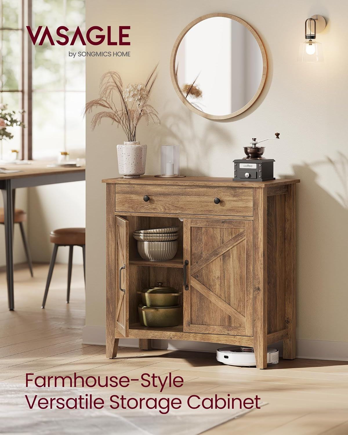 LIRY Collection - Buffet Cabinet, Coffee Bar Cabinet with a Drawer, Adjustable Shelf, Sideboard Storage with Cable Hole, Drawer Divider, Honey Brown UBBK341K01