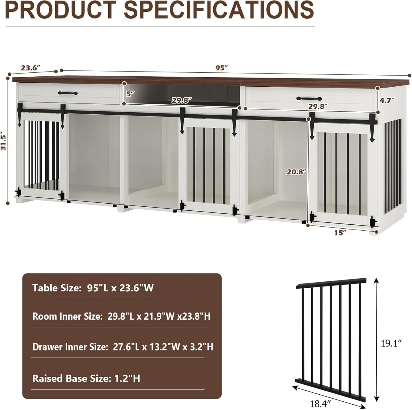 Dog Crate Furniture - Indoor Wooden Farmhouse Large Dog Kennel Fureniture for 3 Dogs, with Sliding Barn Doors, 2 Drawers & 1 Shelf, 95" Lx23.6 Wx31.5 H, White