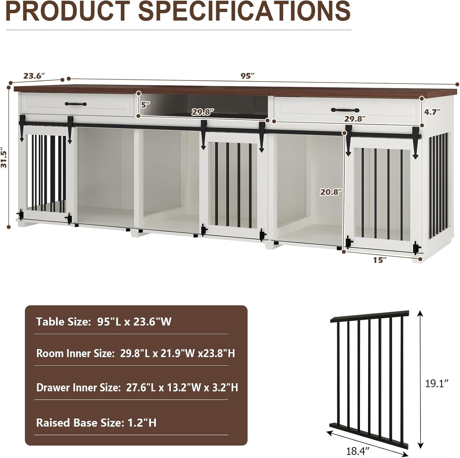 Dog Crate Furniture - Indoor Wooden Farmhouse Large Dog Kennel Fureniture for 3 Dogs, with Sliding Barn Doors, 2 Drawers & 1 Shelf, 95" Lx23.6 Wx31.5 H, White