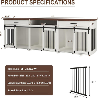 Dog Crate Furniture - Indoor Wooden Farmhouse Large Dog Kennel Fureniture for 3 Dogs, with Sliding Barn Doors, 2 Drawers & 1 Shelf, 95" Lx23.6 Wx31.5 H, White
