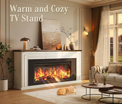 70'' Fireplace TV Stand with 42'' Electric Fireplace, Farmhouse TV Stand for 65 75 Inch TV, Entertainment Center TV Console with 3 Drawers, Fluted Design, for Living Room, Distressed White