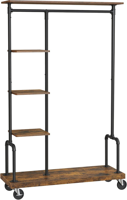 Clothes Rack, Clothing Garment Rack on Wheels, Rolling Clothes Organizer with 5-Tier, Industrial Pipe Style, Rustic Brown UHSR66BX