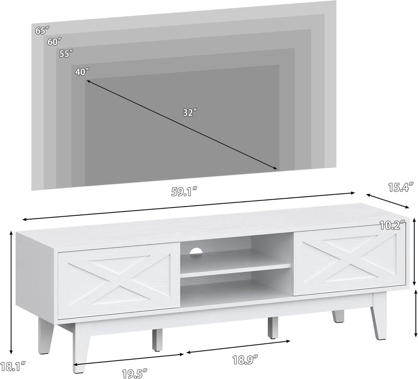 TV Stand for 55/60/65 Inch TV, Farmhouse Entertainment Center with Shelves, Cabinets and Sliding Doors, Rustic TV Media Console Table with Solid Wood Feet & Cord Holes for Living Room, Bedroom, White