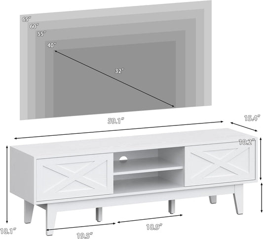 TV Stand for 55/60/65 Inch TV, Farmhouse Entertainment Center with Shelves, Cabinets and Sliding Doors, Rustic TV Media Console Table with Solid Wood Feet & Cord Holes for Living Room, Bedroom, White