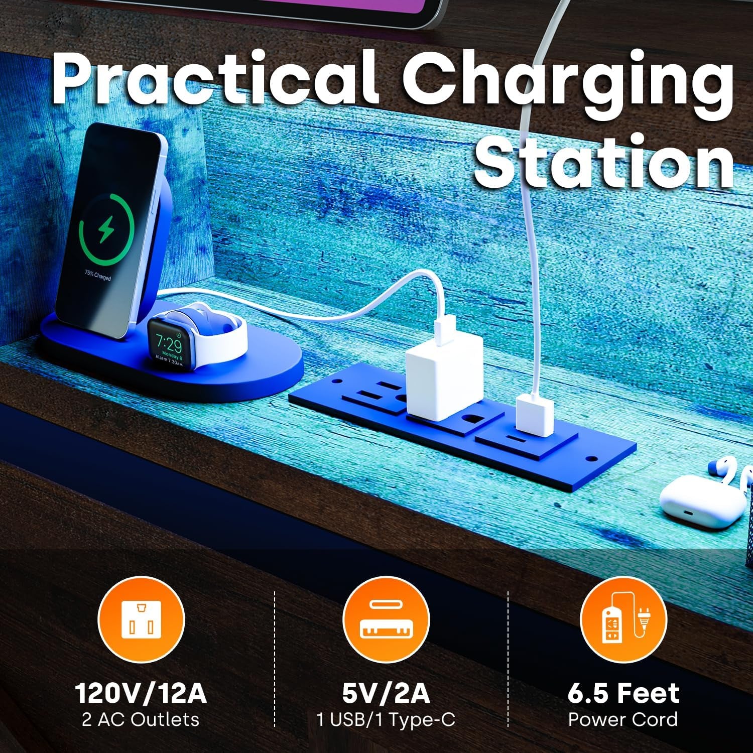 Farmhouse Queen Bed Frame with Bookcase Storage Headboard, Charging Station, LED Light and 2 Storage Drawers, Noise Free, No Box Spring Needed, Brown