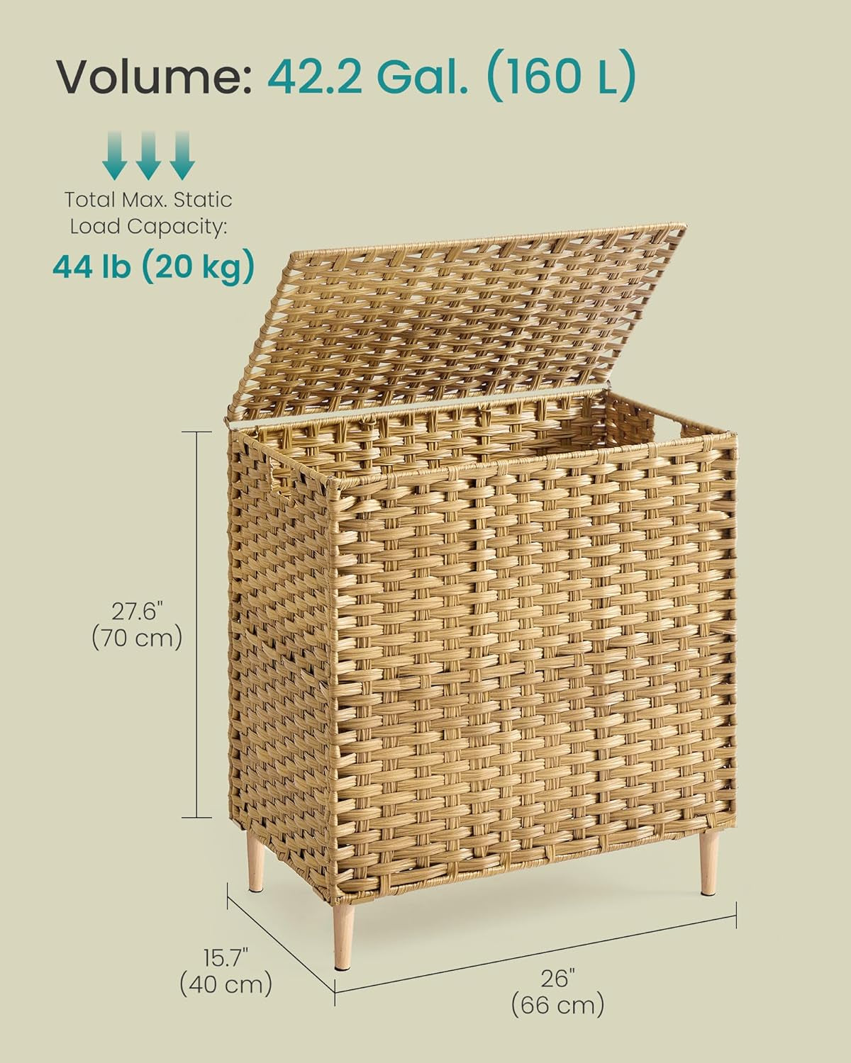 3-Section Laundry Hamper with Lid, 42.2 Gal (160L) PE Rattan Laundry Basket with Removable Washable Liners, for Bedroom & Living Room, Goose Yellow ULCB223YE01