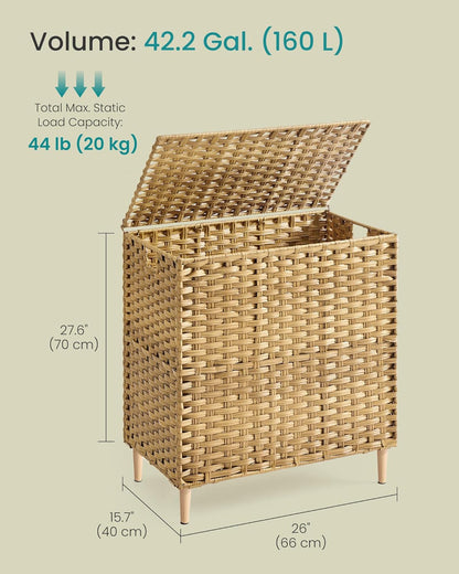 3-Section Laundry Hamper with Lid, 42.2 Gal (160L) PE Rattan Laundry Basket with Removable Washable Liners, for Bedroom & Living Room, Goose Yellow ULCB223YE01
