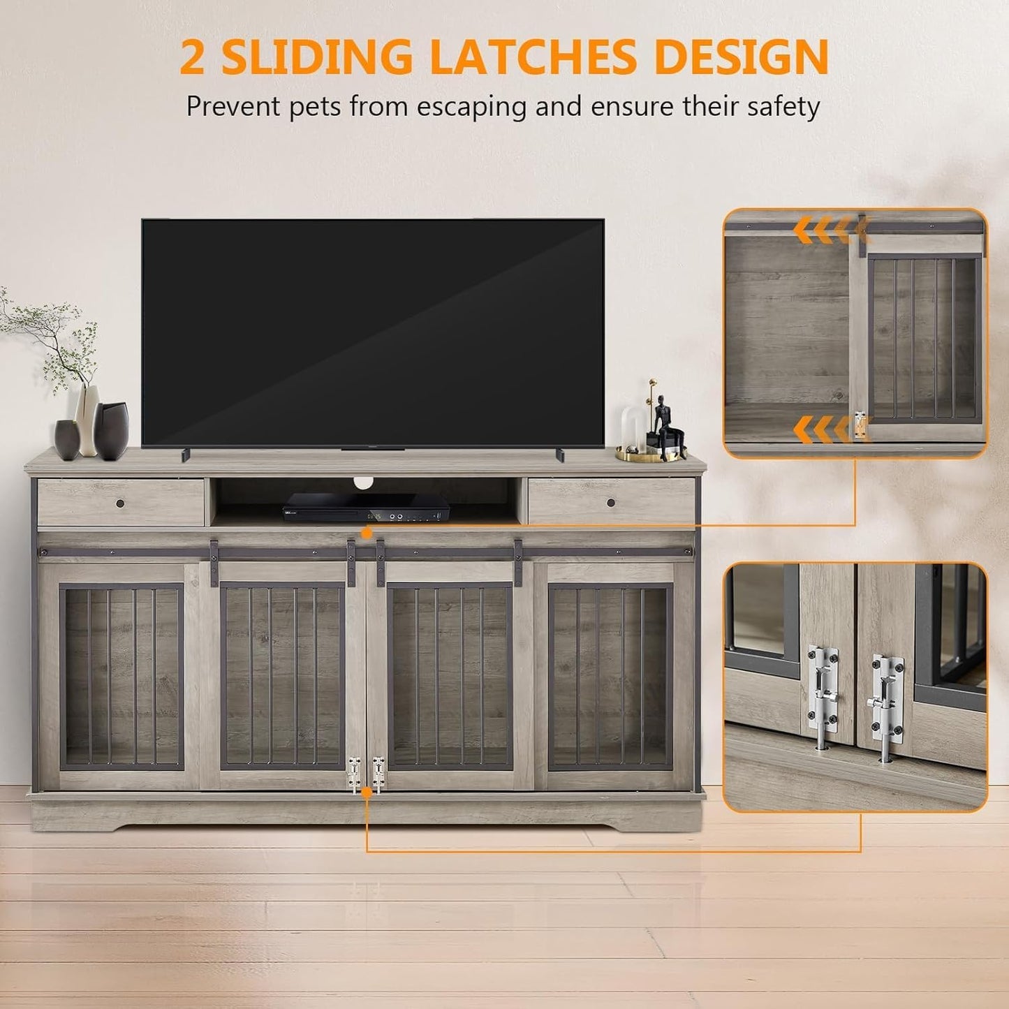 60.6 Inch Double Dog Crate with Divider, 2-In-1 Heavy Duty Dog Crate TV Stand with 2 Sliding Doors and Thick Iron, Indoor Dog House for 2 Dogs (White)